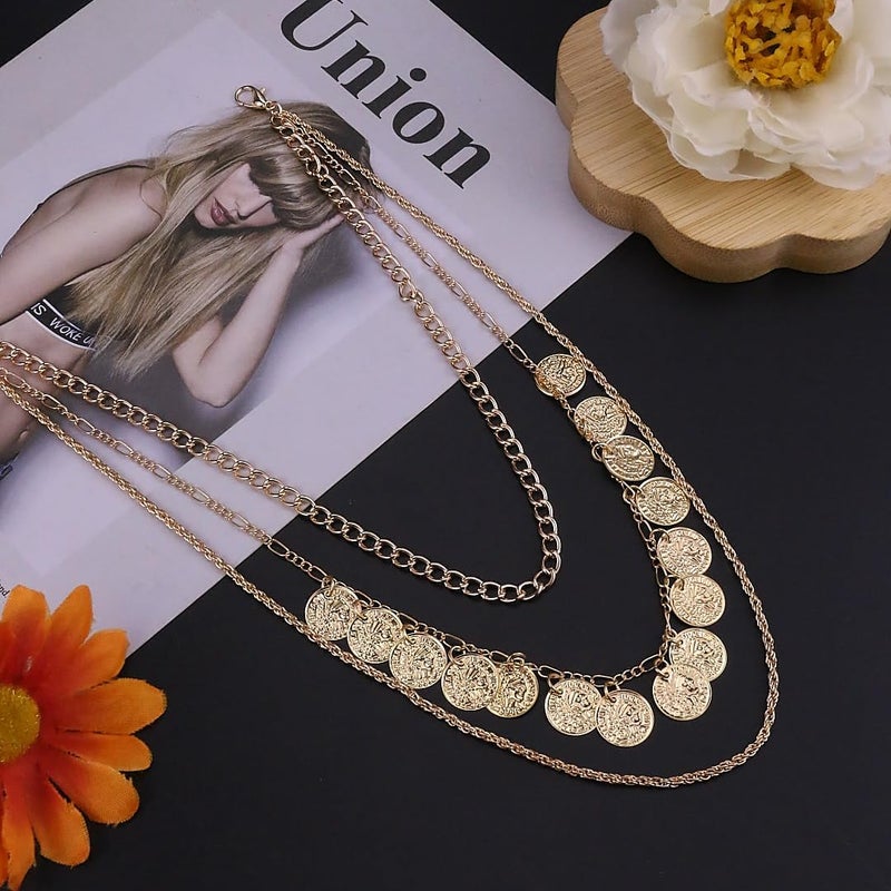 Lookray Gold Pirate Necklace for Women Layered Chunky Pirate Costume Jewelry Hip Hop 80s 90s Coin Pendant Necklace Halloween Pirate Costume Accessories - Image 4